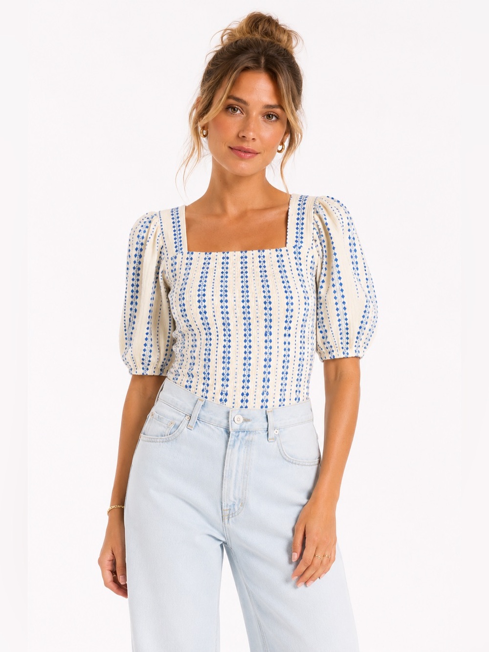 NWT Evereve - Ellison Smocked Top - Blue Stripe Puff Sleeve - Sz. M